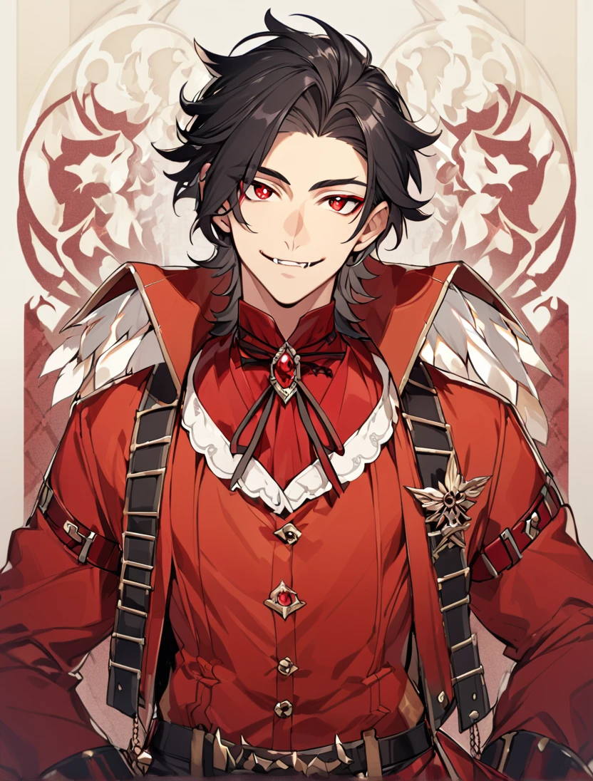 (Black_Hair), (red_ruby_eyes), (Handsome), (attractive), (male), (detailed_eyes), (detailed_hair), (clean_hair), (fierce_smile), (vertical_pupils), (jawline), (wears_old_fashioned_outfit), (in_his_late_s), (short_hair), (small_fangs)