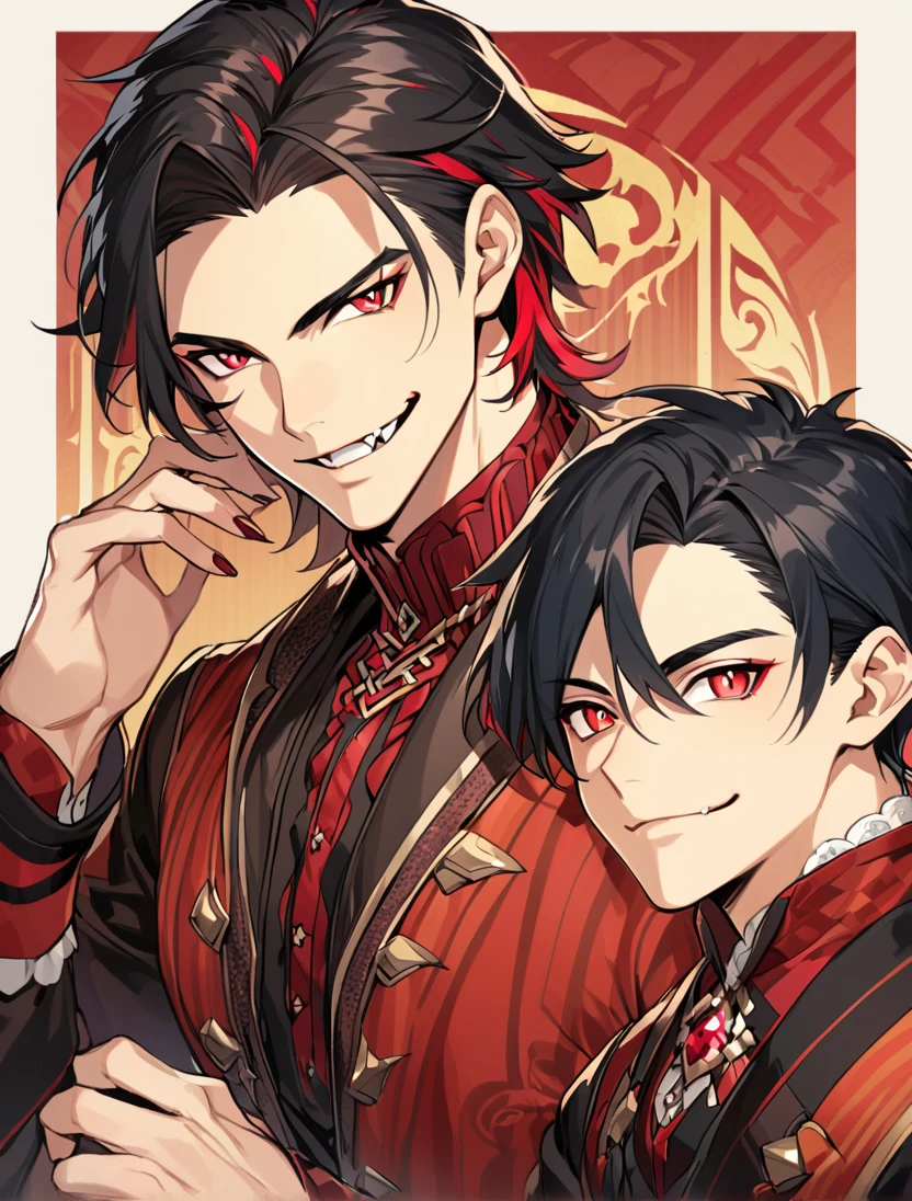 (Black_Hair), (red_ruby_eyes), (Handsome), (attractive), (male), (detailed_eyes), (detailed_hair), (clean_hair), (fierce_smile), (vertical_pupils), (jawline), (wears_old_fashioned_outfit), (in_his_late_teens), (short_hair), (small_fangs)