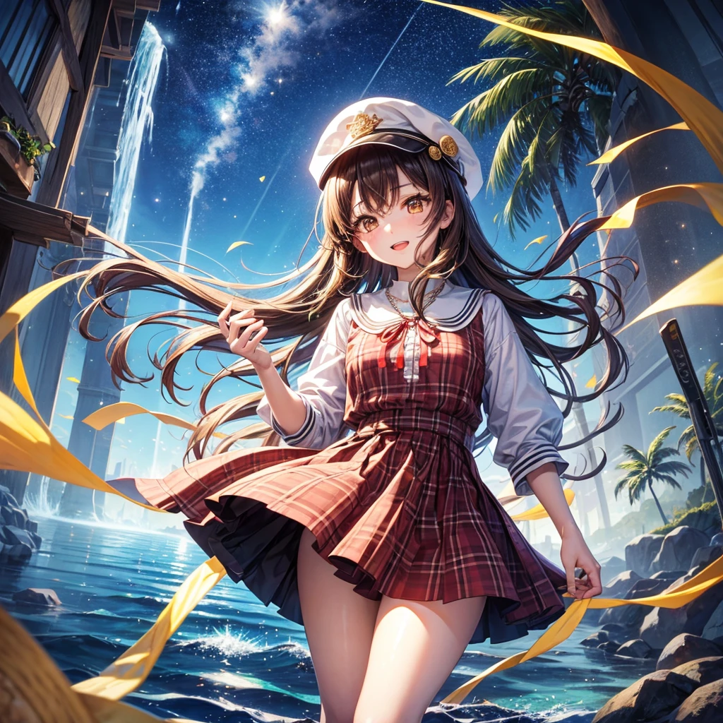 Red, brown, gold, gold hair、Golden Eyes、Hair tied up、One good looking girl、solo、anime、Checkered mini skirt、Ruffles on the skirt、Checked dress、blouse、school uniform、Black knee-high socks、Wearing a baseball cap、Ribbon、Ribbon on waist、Teeth are visible、Silver coin necklace、From above、Cobblestones、waterfall、Starry Sky、Midnight Moon、suspension bridge、Soap bubbles are flying、beam、ripple、Rocks floating in water、Standing still、Eight Towers、Palm Tree、Transparent、Dragon flying