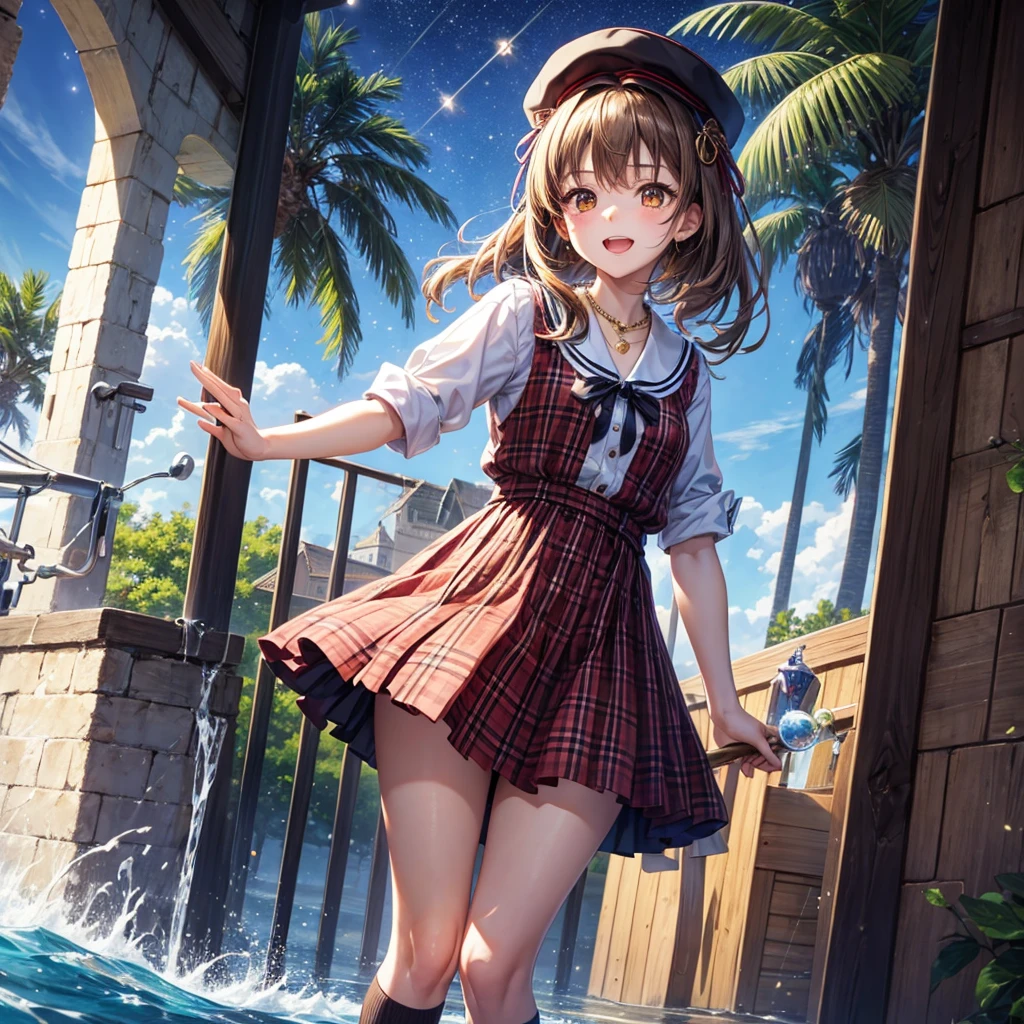 Red, brown, gold, gold hair、Golden Eyes、Hair tied up、One good looking girl、solo、anime、Checkered mini skirt、Ruffles on the skirt、Checked dress、blouse、school uniform、Black knee-high socks、Wearing a baseball cap、Ribbon、Ribbon on waist、Teeth are visible、Silver coin necklace、From above、Cobblestones、waterfall、Starry Sky、Midnight Moon、suspension bridge、Soap bubbles are flying、beam、ripple、Rocks floating in water、Standing still、Eight Towers、Palm Tree、Transparent、Dragon flying