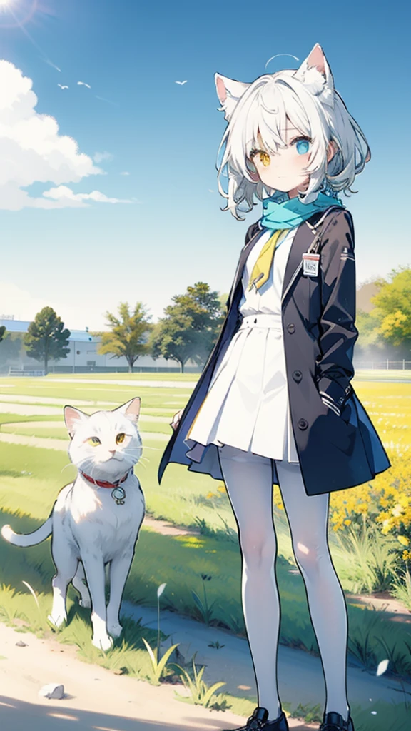 White hair，Cat ear，Heterochromia（Left blue right yellow），Small size，campus，White pantyhose，grassland