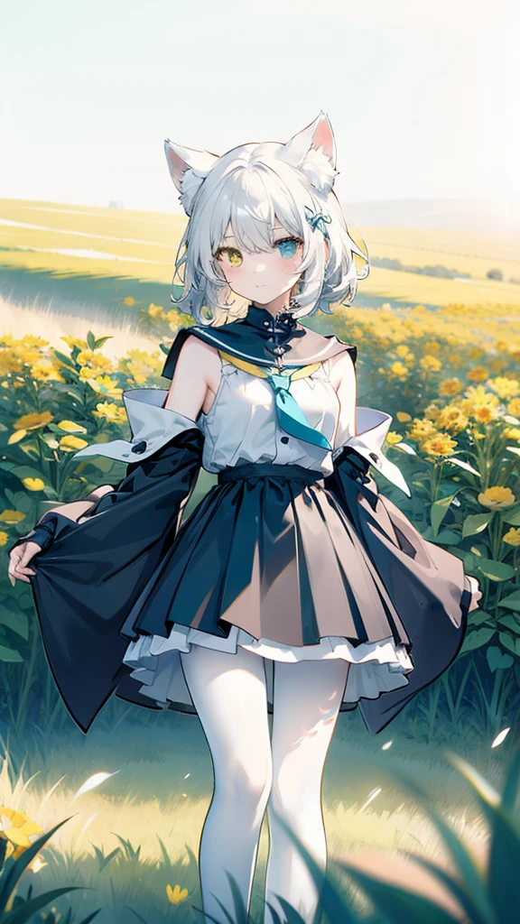 White hair，Cat ear，Heterochromia（Left blue right yellow），Small size，campus，White pantyhose，grassland