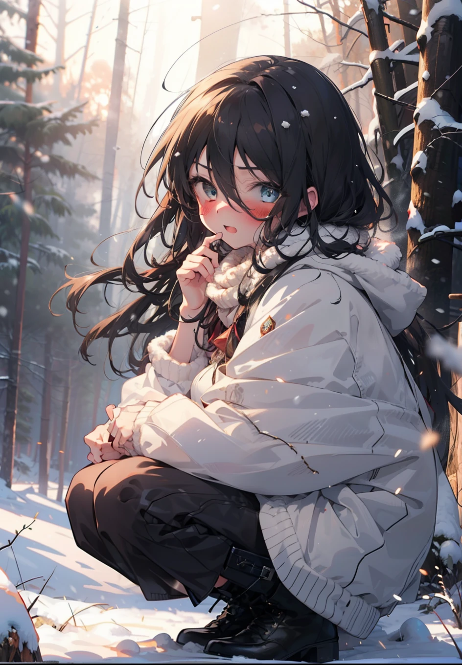 Shana,灼眼のShana,Long Hair, Redhead, Red eyes,Ahoge,,smile,blush,White Breath,
Open your mouth,snow,Ground bonfire, Outdoor, boots, snowing, From the side, wood, suitcase, Cape, Blurred, , forest, White handbag, nature, Squat, Mouth closed, Cape, winter, Written boundary depth, Black shoes, red Cape break looking at viewer, Upper Body, whole body, break Outdoor, forest, nature, break (masterpiece:1.2), Highest quality, High resolution, unity 8k wallpaper, (shape:0.8), (Beautiful and beautiful eyes:1.6), Highly detailed face, Perfect lighting, Extremely detailed CG, (Perfect hands, Perfect Anatomy),