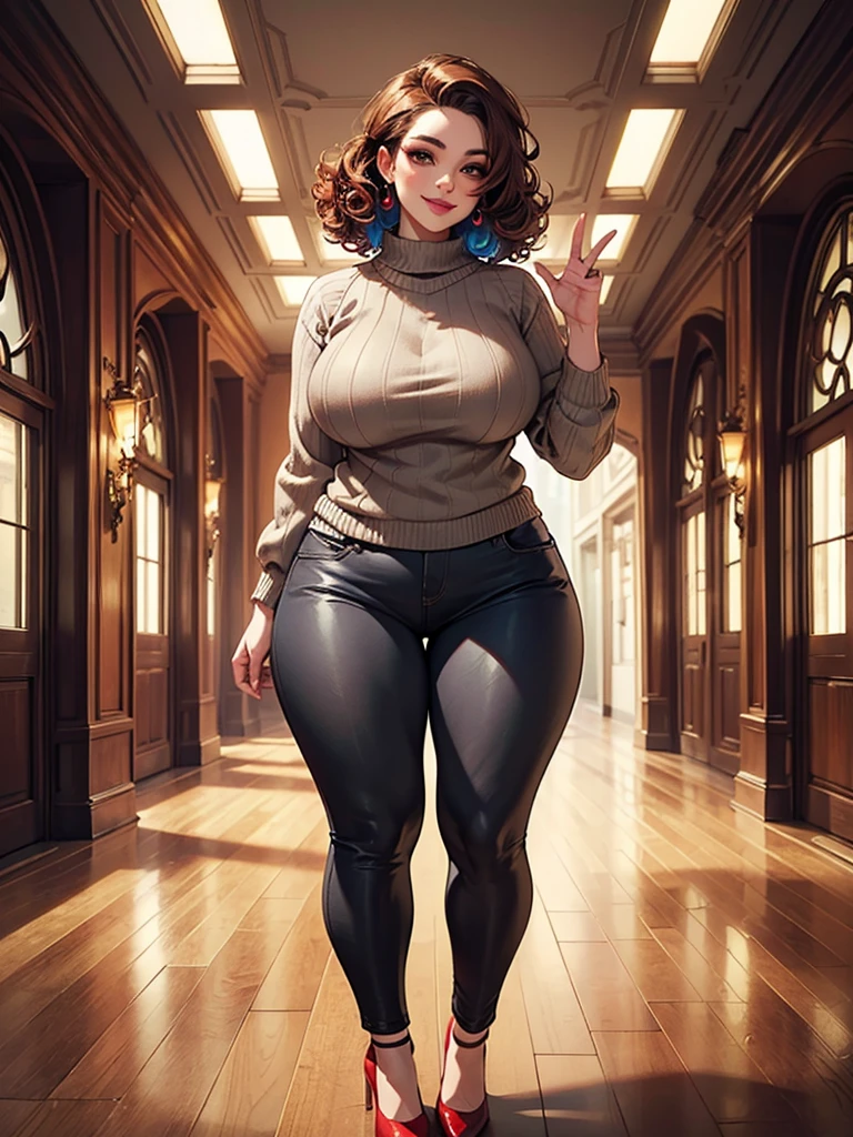 solo, (brown sweater), (gray pants), seductive smiling, (((standing to camera))), (red heels), (brown eyeshadow), (brown curly hair), ((voluptuous body)), (perky butt), (((mother))), radiant lighting, vibrant colors, whimsical atmosphere, 8K, high resolution, highly detailed, masterpiece, vibrant and luminous, dynamic and imaginative, beautiful and enchanting, charming and captivating