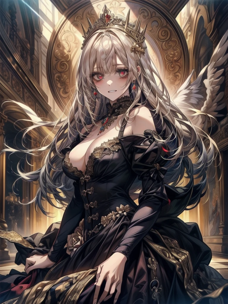 Highest quality、masterpiece、8K、Realistic、超High resolution、Very delicate and beautiful、High resolution、Cinema Lighting、medium range shooting、Portraiture、Perfect female body、Beautiful woman、Mature Woman、Opposition、(Big Breasts:1.4)、Looking at the audience、(Princess of Another World、Gorgeous Dress、Shining Jewel、Long white hair、青いeye、Elegant behavior、Palace Gardens、A delicate tiara、シルクhand袋、Embroidered gown、royal coat of arms、Gold Jewelry)、Audience Room、優雅な笑face、traditional ceremony、Palace balcony、Historic Royal Family、Otherworldly background、Symbols of the Kingdom　masterpiece,a Satanic woman,Satanic,wing, Pixiv, Gibi ((Intricate details,)) Ultra HD, Sharp details, crazy smile, 狂ったeye, A cute and luxurious hair band,(masterpiece:1.2, Highest quality), (Actual Photos, Intricate details), Scary atmosphere、Distorted facial expressions、Horror Art、Bloodの雨、Bloodを流す、Bloodしぶき、悪魔のeye、redいeye、scar、、火scar、whole body、Torn hair of a woman dressed in slave clothing、（Long Hair）、（eyeにかかる長さの前髪）、Black Hair、（（（eyeの下のクマ）））、青白いskin、Feeling unwell、Pathological、邪悪な笑face、狂ったeye、（Grin）Dramatic makeup，Create mixed media art、White Background(zombie:1.2),Horror 1 Girl, Open_mouth, , red_eye, Blood, Tilt_red_skin, Injury, Blood_in addition_face, Bandaged_arm, Blood_in addition_zombie, Blood_in addition_hand　, Open your eyelids wide, The trend is all, mouthを大きくOpen, mouthを開けてteethをむき出しにする,獣のような鋭いteeth, Wide lips, 非常に広いmouth, Vermilion cheeks, blonde, Princess Cut, Ribbon hair ornament, brooch, Shiny candy blue dress, Gold embroidery, Otaku Room, Well-built body, Nice body, Ample breasts, Thick body,eyeを大きく開いて、Scary atmosphere、Distorted facial expressions、ねじれた笑face、Bloodまみれの、頭からの出Blood、Bloodしぶき、whole body、Long Hair、Long bangs、Well-built,Nice body,Broad shoulders,I focus,(face),Messy Hair,いeye,(光るeye),(Bloodしぶき:1.6),red信号,笑face,big 笑face,teeth,psycho 笑face,gesugao,Dark city background,darkness,night,(close),良いeye, 良いteeth,サディスティックな笑face,,all,光沢のあるskin,詳細なface,Beautiful body,　whole bodyから湯気が出ている　Steam like a sauna room fills the screen...　mouthからの白い息　Luxurious lace long gloves