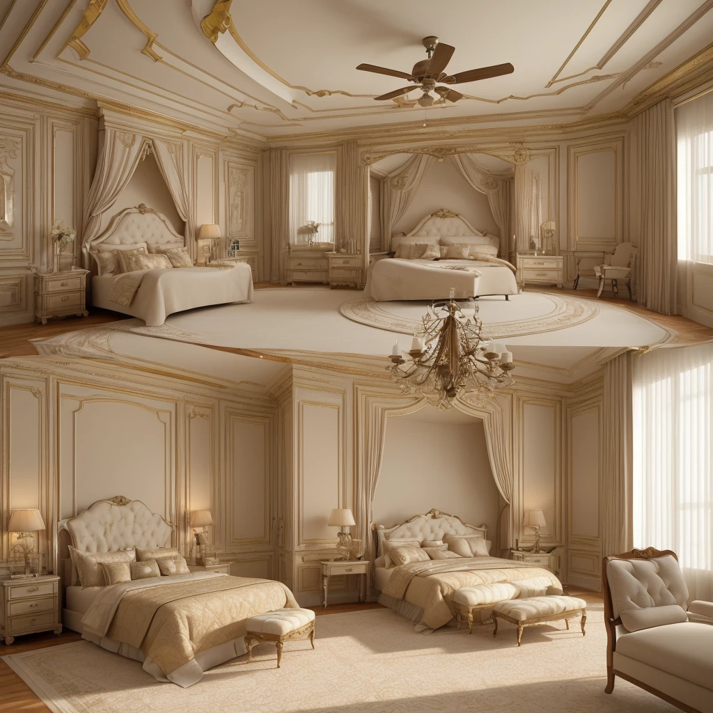 there is a large bed in a room with a ceiling fan, bedroom interior, beautiful 3 d rendering, interior architecture view, luxury hd render, high definition 3 d render, vray beautiful, high quality 3 d render, high quality 3d render, excellent 3d render, elegant interior, 3d rendering, 3 d rendering, photorealistic room