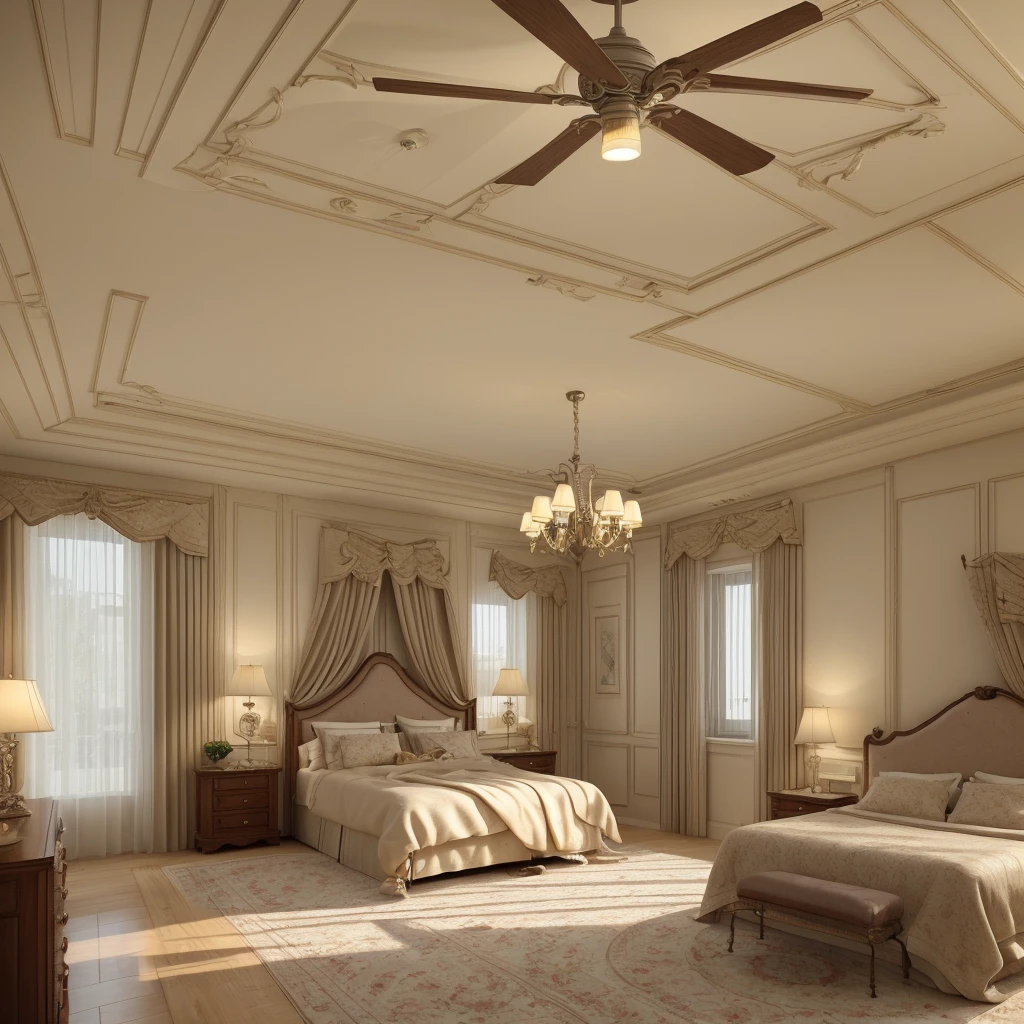 there is a large bed in a room with a ceiling fan, bedroom interior, beautiful 3 d rendering, interior architecture view, luxury hd render, high definition 3 d render, vray beautiful, high quality 3 d render, high quality 3d render, excellent 3d render, elegant interior, 3d rendering, 3 d rendering, photorealistic room
