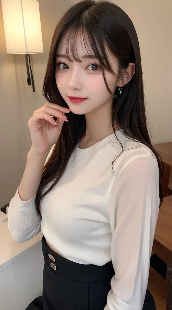 Tabletop, Highest quality, shape, Very detailed, finely, High resolution, 8k wallpaper, 完璧なダイナミックな構shape, Beautiful and detailed, Straight hair, Small breasts, Natural color lip, smile,20-year-old girl、Midnight、Beautiful and dense face、Perfect and beautiful face,Big eyes、RAW Photos、Expressing feminine poses with the whole body、Beautiful and detailed、Small face、Beautiful Duplex、Slim face and figure,Beautiful golden ratio face、Long sleeve blouse、flare skirt