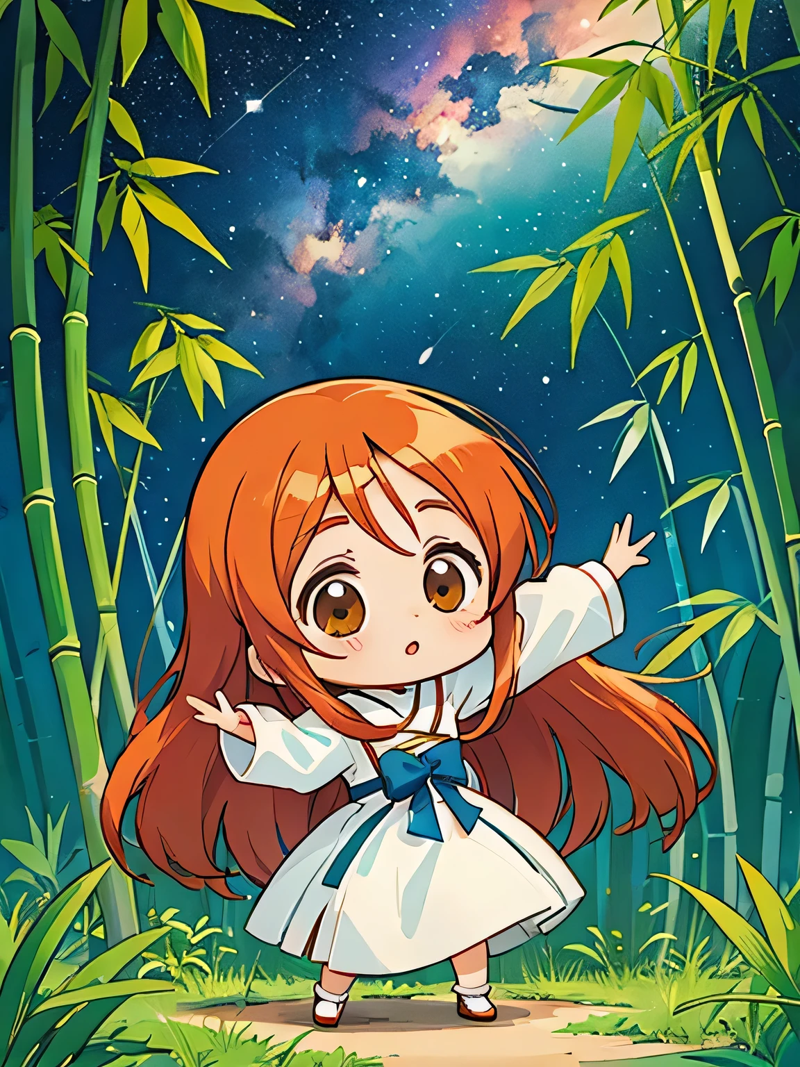 Hayao Mayazaki style, Kawaii Design, The most beautiful girl of all time、chibi, (((Orihime))), Stretch, milky way, Bamboo