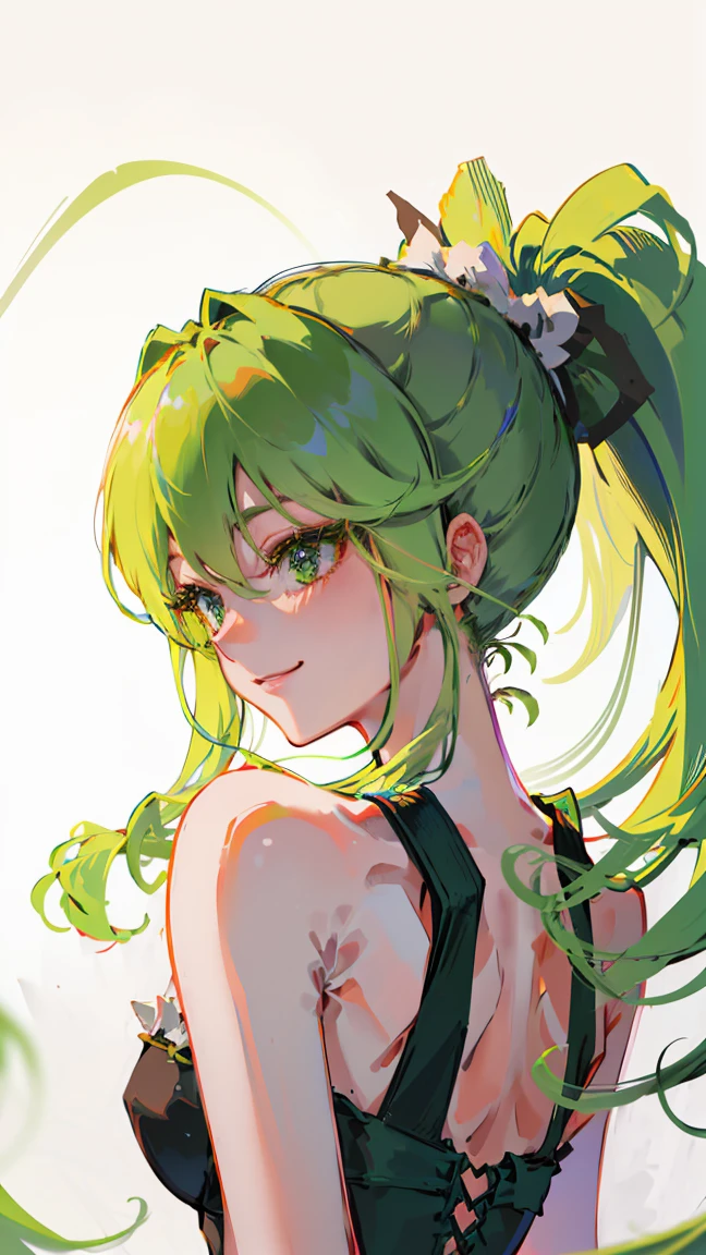 (masterpiece:1.2), (best quality:1.2), (ultra-detailed:1.2), finely detail, perfect anatomy, one girl, Green hair, ponytail hair, gradient hair, smile, long eyelashes,