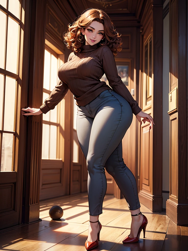 solo, (brown sweater), (gray pants), seductive smiling, (((front))), (red heels), (brown eyeshadow), (brown curly hair), ((voluptuous body)), (perky butt), (((mother))), radiant lighting, vibrant colors, whimsical atmosphere, 8K, high resolution, highly detailed, masterpiece, vibrant and luminous, dynamic and imaginative, beautiful and enchanting, charming and captivating