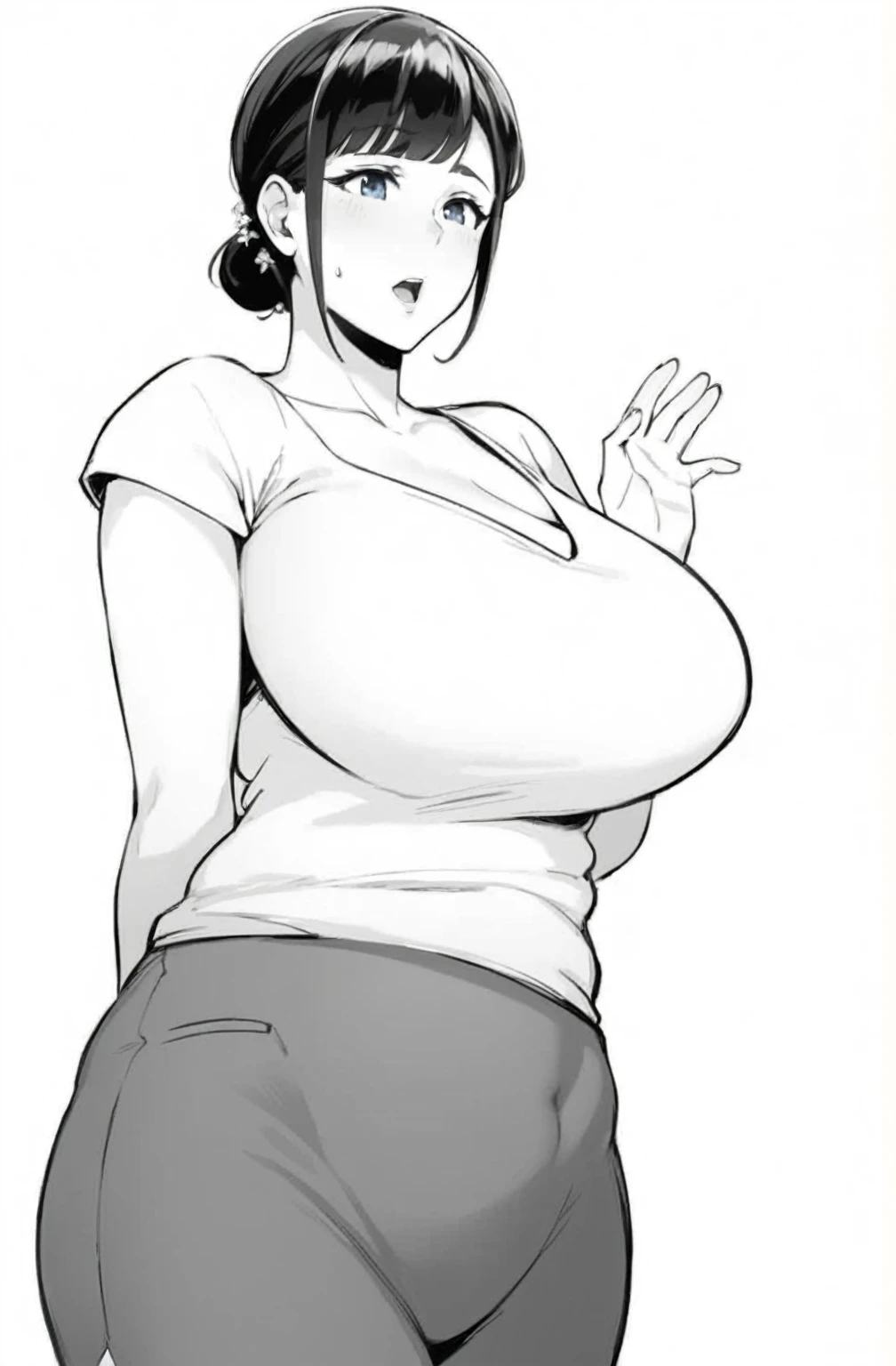 a drawing of a woman with a white shirt and gray pants, with a big breasts, oppai proportions, with big breasts, oppai, big breasts!!, big breasts!, big breasts, big breasts, sfw huge breasts, she tit, Thick, heavy gesture style closeup, lineal negro Thick, big breasts size ((Coloce&#39;s expression blushed.), Handsome man in chica、looking at the viewer,