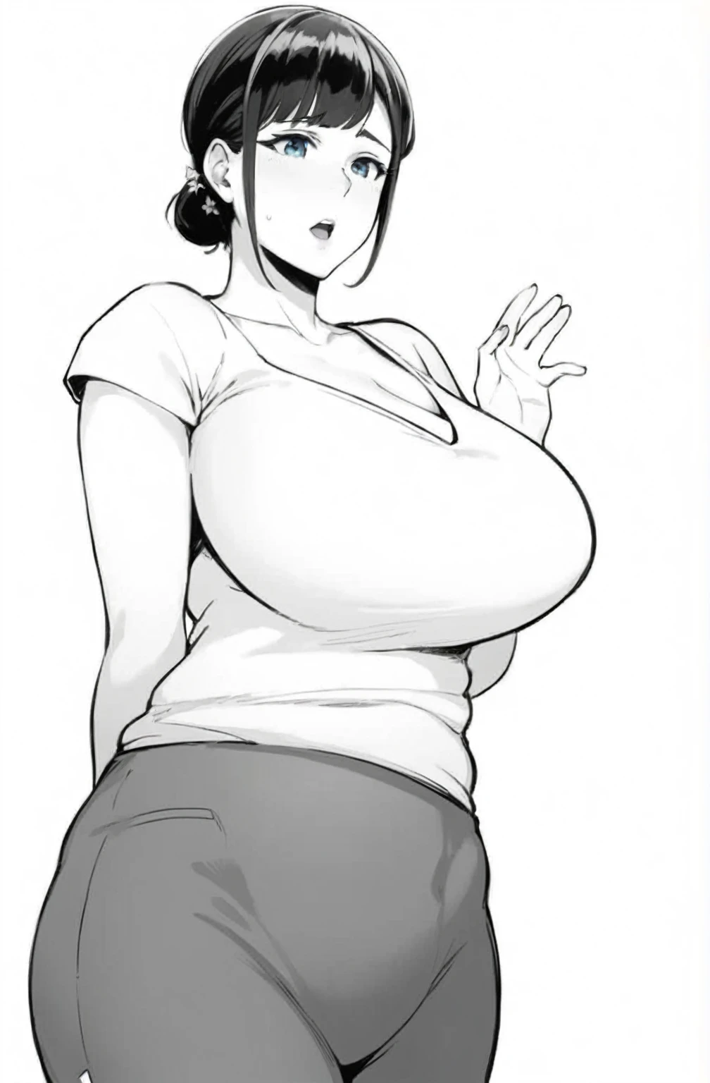 a drawing of a woman with a white shirt and gray pants, with a big breasts, oppai proportions, with big breasts, oppai, big breasts!!, big breasts!, big breasts, big breasts, sfw huge breasts, she tit, Thick, heavy gesture style closeup, lineal negro Thick, big breasts size ((Coloce's expression blushed.), Handsome man in chica、looking at the viewer,