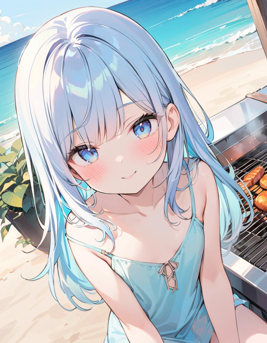 masterpiece, best quality, extremely detailed, (illustration, official art:1.1), 1 girl ,(((( light blue long hair)))), ,(((( light blue long hair)))),light blue hair, , long hair ((blush)) , cute face, big eyes, masterpiece, best quality,(((((a very delicate and beautiful girl))))),Amazing,beautiful detailed eyes,blunt bangs((((little delicate girl)))),tareme(true beautiful:1.2), sense of depth,dynamic angle,,,, affectionate smile, (true beautiful:1.2),,(tiny 1girl model:1.2),)(flat chest),(masterpiece, Highest quality:1.2), 1 Girl, alone,Eyes open,barbecue,Tropical atmosphere,Ocean