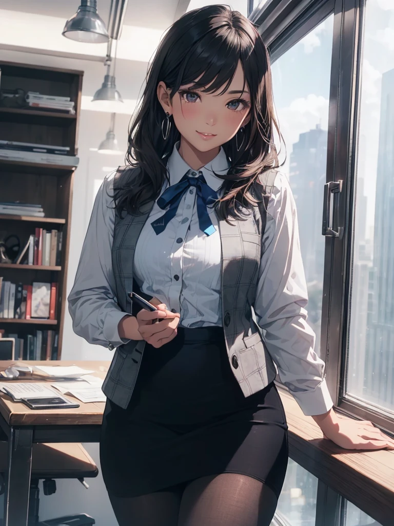 ((((1ladyl,))))  (masterpiece), (realistic), (best quality), (ultra-detailed),  amazing 30 years old wife,  pantyshot, long brown hair, office lady, Wearing a pink plaid vest, White short sleeved shirt, Gray pencil skirt, Wear stiletto heels, Necklace, earrings,  Cute face, Smile, Blushing, Shyness, Glass wall, Ultra Detail, Realistic, Front view, Whole body, (wearing in [[white and gray check pattern]] Vest worn over white collared long-sleeved shirt:1.4), (gray vest with buttons:1.2), (Pink Theme:1.2), (blue ribbon ribbon:1.3), (Black theme:1.4), (Tight black pencil skirt:1.5), ((Brown pantyhose)), (high-heels:1.1),longskirt,office desk, office chair,Lulubre Unity 8K Wallpaper, Beautiful background, clearly, Best Quality, The highest resolution, Best aesthetic,extremely detailed CG unity 8k,