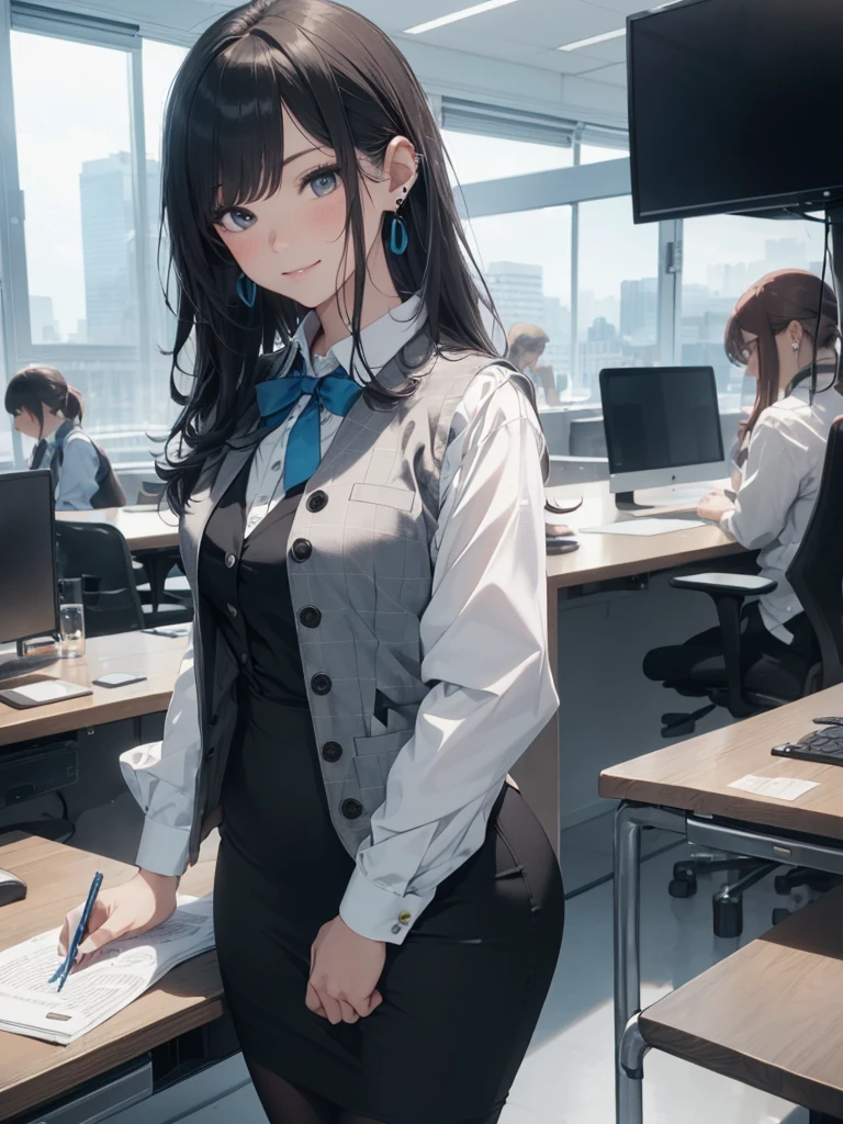 ((((1ladyl,))))  (masterpiece), (realistic), (best quality), (ultra-detailed),  amazing 30 years old wife,  pantyshot, long brown hair, office lady, Wearing a pink plaid vest, White short sleeved shirt, Gray pencil skirt, Wear stiletto heels, Necklace, earrings,  Cute face, Smile, Blushing, Shyness, Glass wall, Ultra Detail, Realistic, Front view, Whole body, (wearing in [[white and gray check pattern]] Vest worn over white collared long-sleeved shirt:1.4), (gray vest with buttons:1.2), (Pink Theme:1.2), (blue ribbon ribbon:1.3), (Black theme:1.4), (Tight black pencil skirt:1.5), ((Brown pantyhose)), (high-heels:1.1),longskirt,office desk, office chair,Lulubre Unity 8K Wallpaper, Beautiful background, clearly, Best Quality, The highest resolution, Best aesthetic,extremely detailed CG unity 8k,