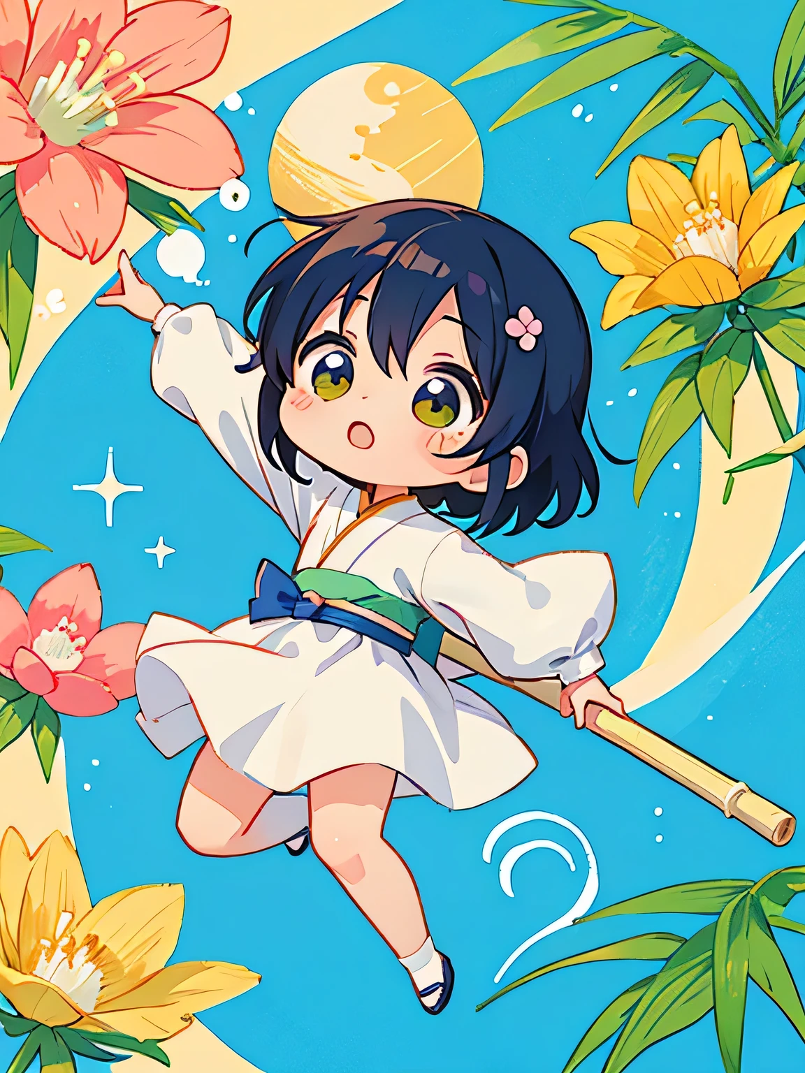 Mika Pikazo style, Kawaii Design, The most beautiful girl of all time、chibi, Orihime, Bamboo, Tanabata Festival, Stretch, milky way