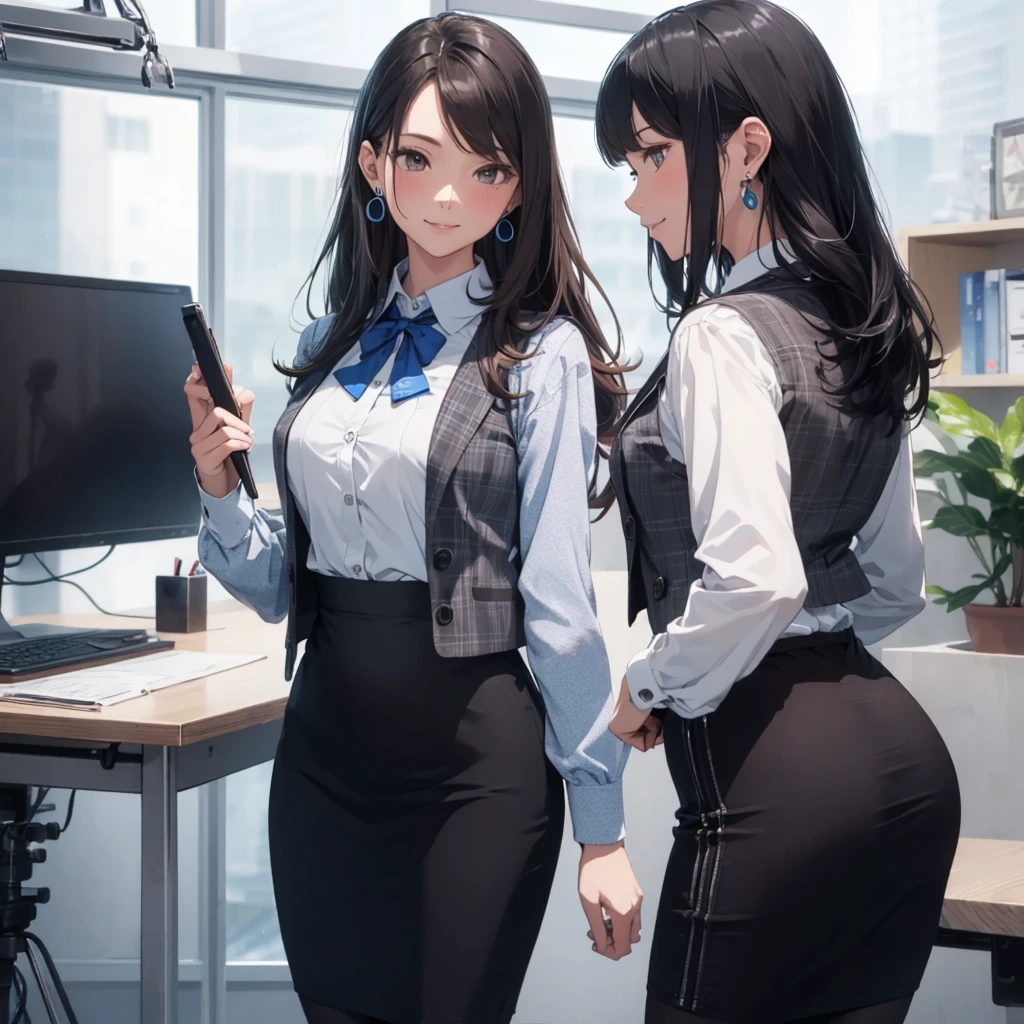 ((((1ladyl,))))  (masterpiece), (realistic), (best quality), (ultra-detailed),  amazing 30 years old wife,  pantyshot, long brown hair, office lady, Wearing a pink plaid vest, White short sleeved shirt, Gray pencil skirt, Wear stiletto heels, Necklace, earrings,  Cute face, Smile, Blushing, Shyness, Glass wall, Ultra Detail, Realistic, Front view, Whole body, (wearing in [[white and gray check pattern]] Vest worn over white collared long-sleeved shirt:1.4), (gray vest with buttons:1.2), (Pink Theme:1.2), (blue ribbon ribbon:1.3), (Black theme:1.4), (Tight black pencil skirt:1.5), ((Brown pantyhose)), (high-heels:1.1),longskirt,office desk, office chair,Lulubre Unity 8K Wallpaper, Beautiful background, clearly, Best Quality, The highest resolution, Best aesthetic,extremely detailed CG unity 8k,