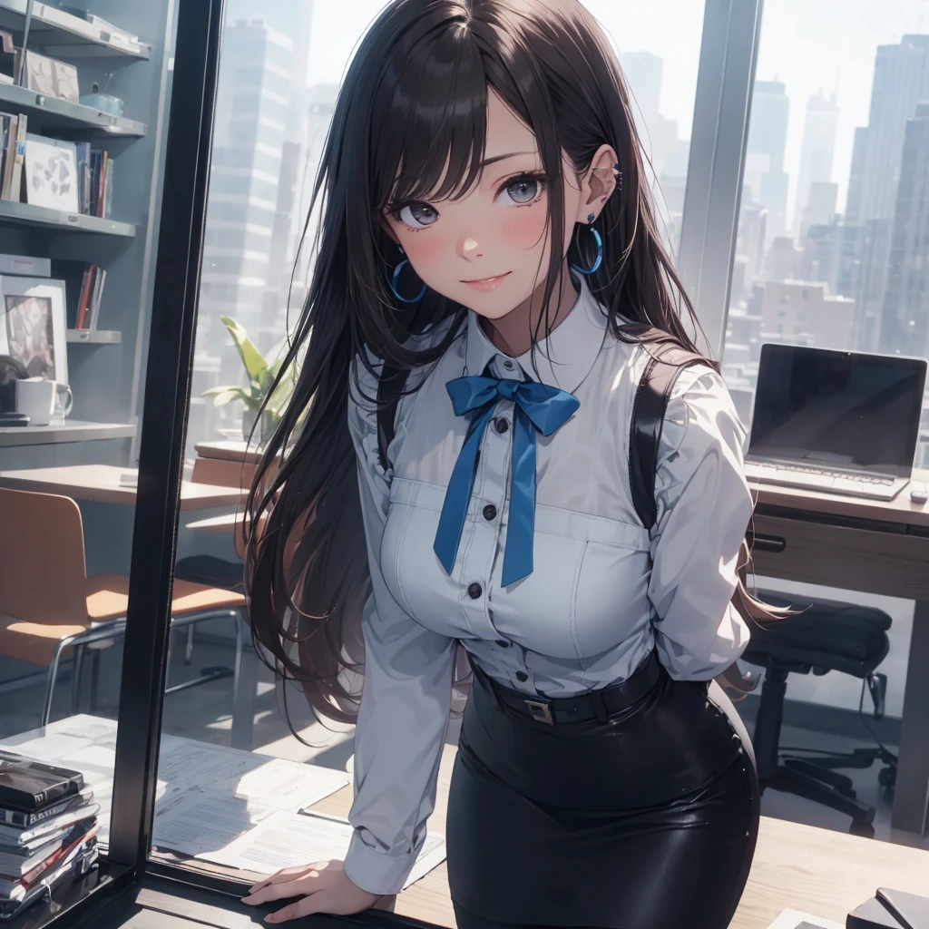 ((((1ladyl,))))  (masterpiece), (realistic), (best quality), (ultra-detailed),  amazing 30 years old wife,  pantyshot, long brown hair, office lady, Wearing a pink plaid vest, White short sleeved shirt, Gray pencil skirt, Wear stiletto heels, Necklace, earrings,  Cute face, Smile, Blushing, Shyness, Glass wall, Ultra Detail, Realistic, Front view, Whole body, (wearing in [[white and gray check pattern]] Vest worn over white collared long-sleeved shirt:1.4), (gray vest with buttons:1.2), (Pink Theme:1.2), (blue ribbon ribbon:1.3), (Black theme:1.4), (Tight black pencil skirt:1.5), ((Brown pantyhose)), (high-heels:1.1),longskirt,office desk, office chair,Lulubre Unity 8K Wallpaper, Beautiful background, clearly, Best Quality, The highest resolution, Best aesthetic,extremely detailed CG unity 8k,
