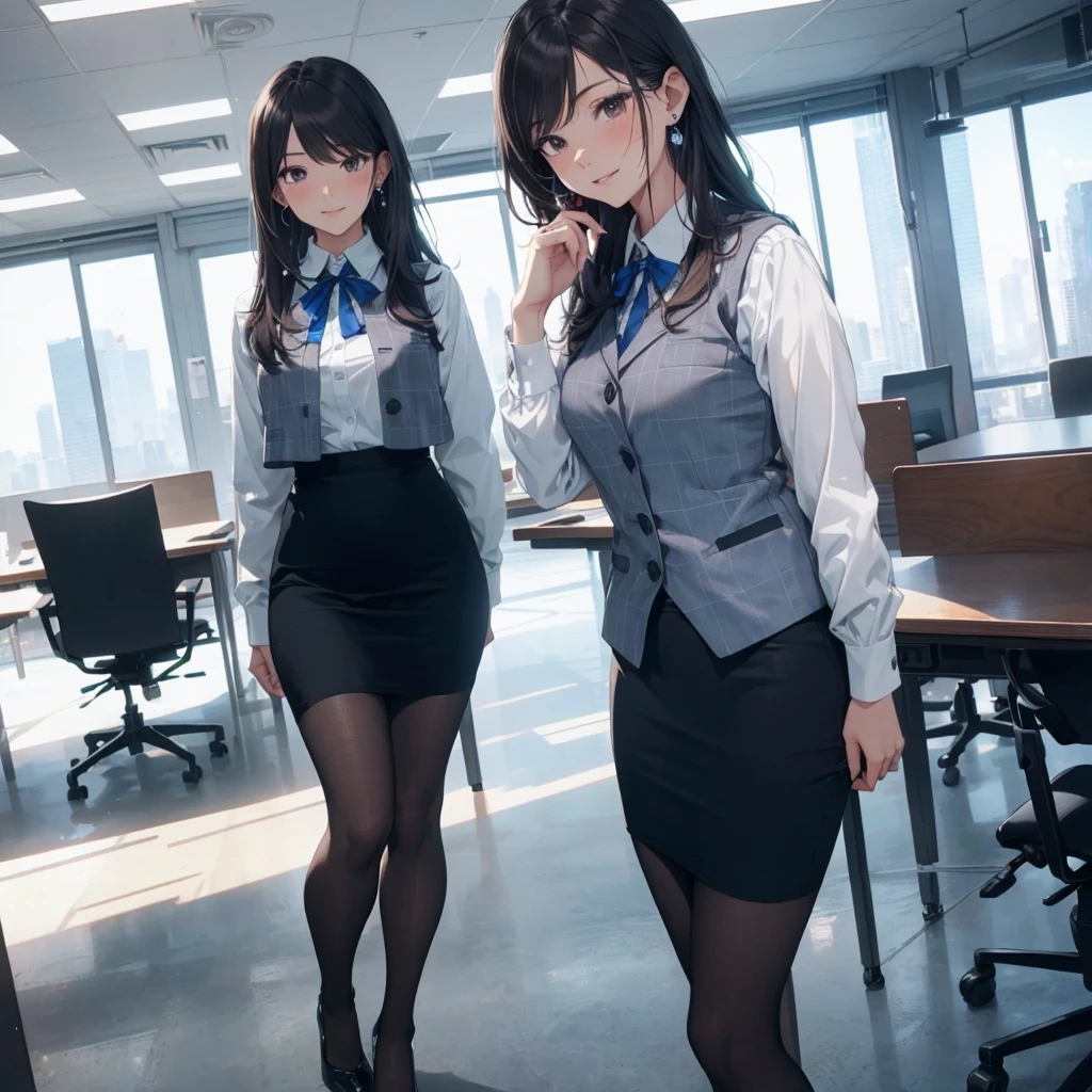 ((((1ladyl,))))  (masterpiece), (realistic), (best quality), (ultra-detailed),  amazing 30 years old wife,  pantyshot, long brown hair, office lady, Wearing a pink plaid vest, White short sleeved shirt, Gray pencil skirt, Wear stiletto heels, Necklace, earrings,  Cute face, Smile, Blushing, Shyness, Glass wall, Ultra Detail, Realistic, Front view, Whole body, (wearing in [[white and gray check pattern]] Vest worn over white collared long-sleeved shirt:1.4), (gray vest with buttons:1.2), (Pink Theme:1.2), (blue ribbon ribbon:1.3), (Black theme:1.4), (Tight black pencil skirt:1.5), ((Brown pantyhose)), (high-heels:1.1),longskirt,office desk, office chair,Lulubre Unity 8K Wallpaper, Beautiful background, clearly, Best Quality, The highest resolution, Best aesthetic,extremely detailed CG unity 8k,