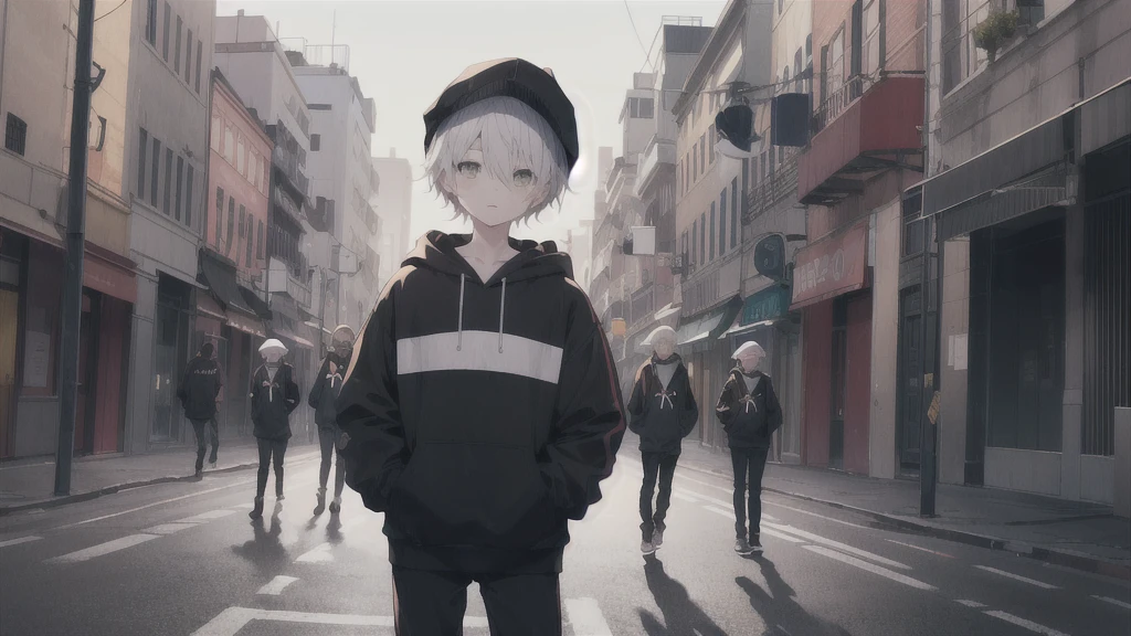 masterpiece,One girl,alone,short hair,green、One eye is hidden by hair,hoodie, Mob Cap, street,Hands on hips, Put your hands in your pockets,Looking at the audience In the photo of a short person, everything from head to thighs is visible..