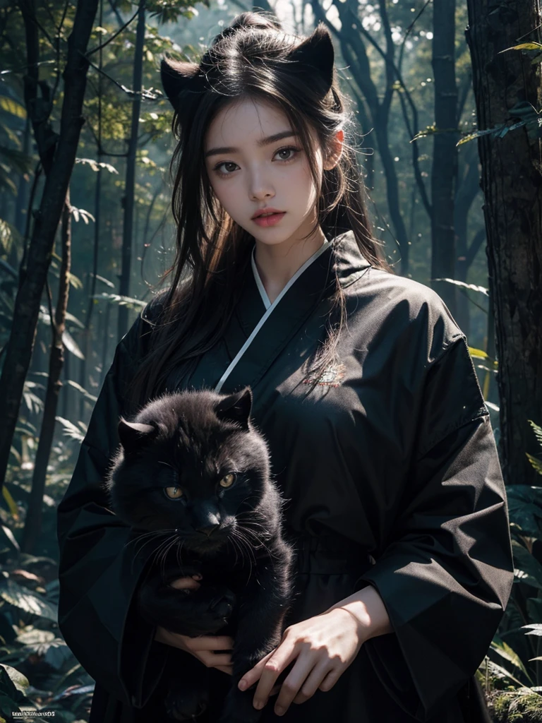 Practical, high resolution, High-resolution details,Beautiful Korean beauty in the forest,Holding a black panther,Domineering and sharp eyes