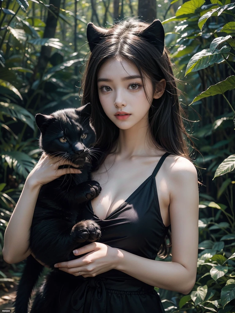 Practical, high resolution, High-resolution details,Beautiful Korean beauty in the forest,Holding a black panther,Domineering and sharp eyes