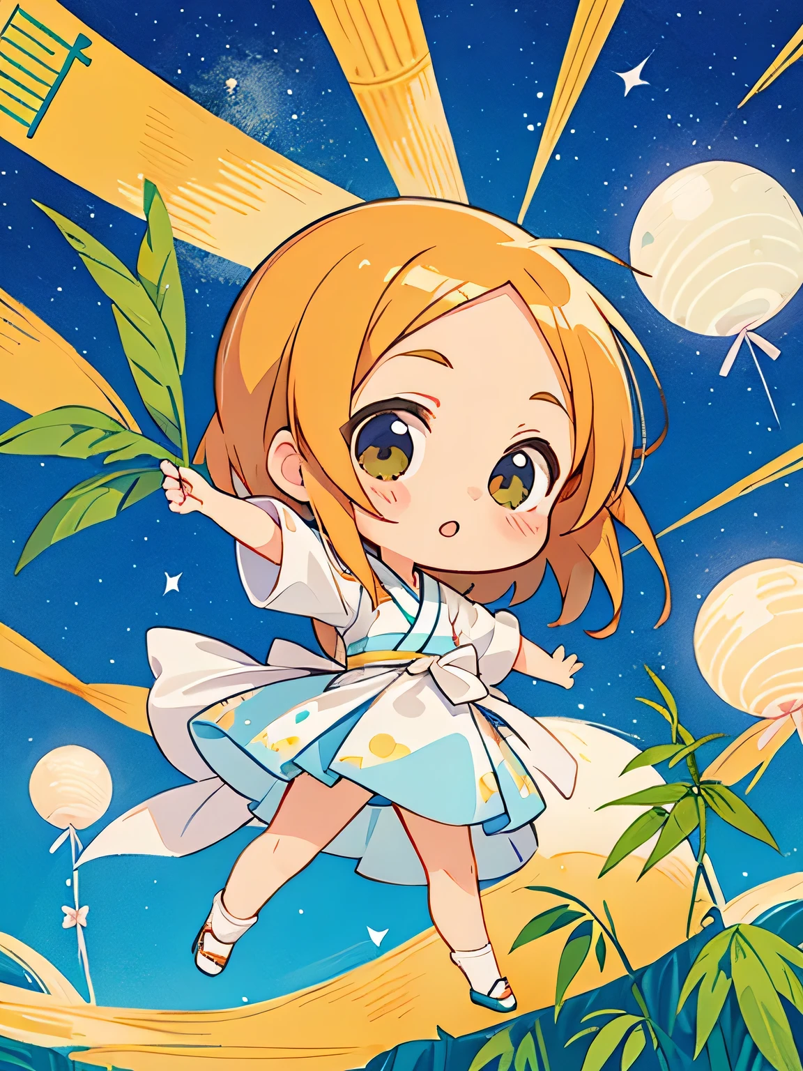 Mika Pikazo style, Kawaii Design, The most beautiful girl of all time、chibi, Orihime, Bamboo, Tanabata Festival, Stretch, milky way