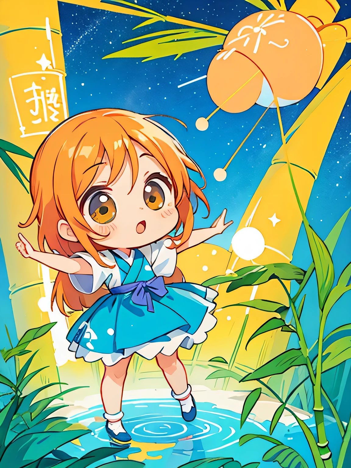 Mika Pikazo style, Kawaii Design, The most beautiful girl of all time、chibi, Orihime, Bamboo, Tanabata Festival, Stretch, milky way