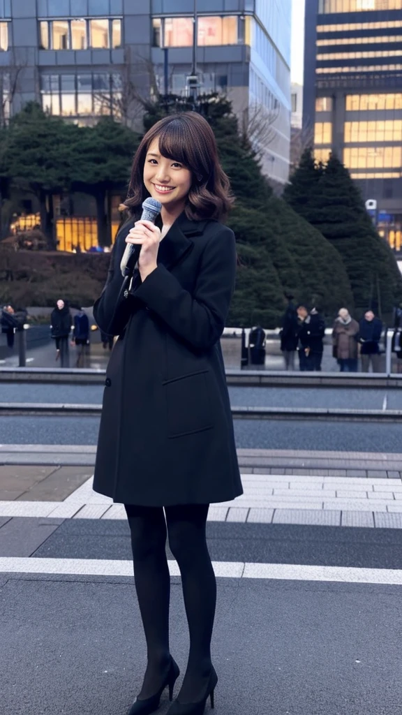 Full-body photo of a cute Japanese weather forecaster wearing a black pantsuit and coat,Medium Hair, pumps,A girl broadcasting live with a microphone in both hands,Broadcasting with a microphone outdoors in Tokyo in winter,Standing in front of Tokyo Station,wearing pumps and black tights,masterpiece