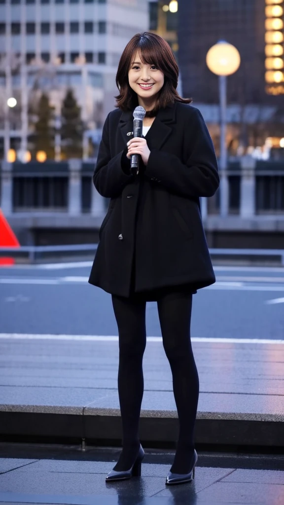 Full-body photo of a cute Japanese weather forecaster wearing a black pantsuit and coat,Medium Hair, pumps,A girl broadcasting live with a microphone in both hands,Broadcasting with a microphone outdoors in Tokyo in winter,Standing in front of Tokyo Station,wearing pumps and black tights,masterpiece