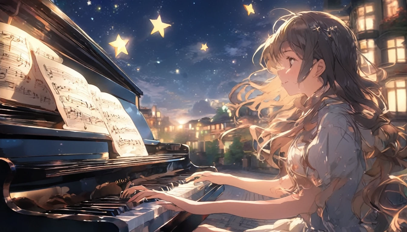 With the moon and stars shining in the sky、Streetscape、Imagine a girl playing the piano by herself.. anime, That's her charm.