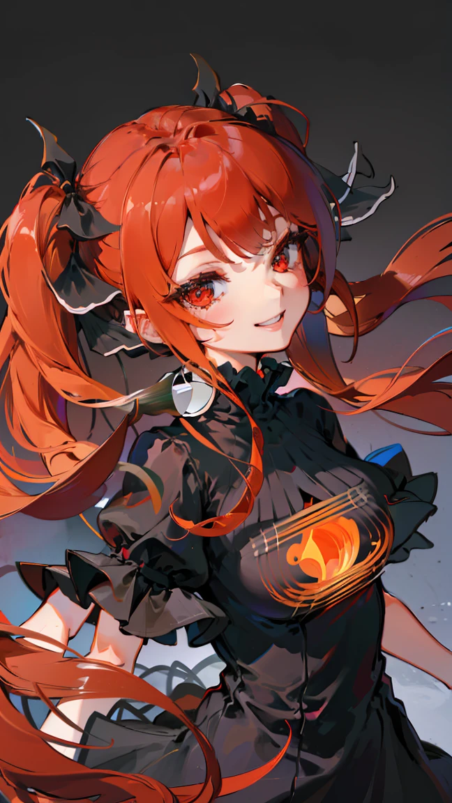 (masterpiece:1.2), (best quality:1.2), (ultra-detailed:1.2), finely detail, perfect anatomy, one girl, Red hair, twin-tail hair, sharp eyes, black dress, gradient hair, mean smile, long eyelashes,