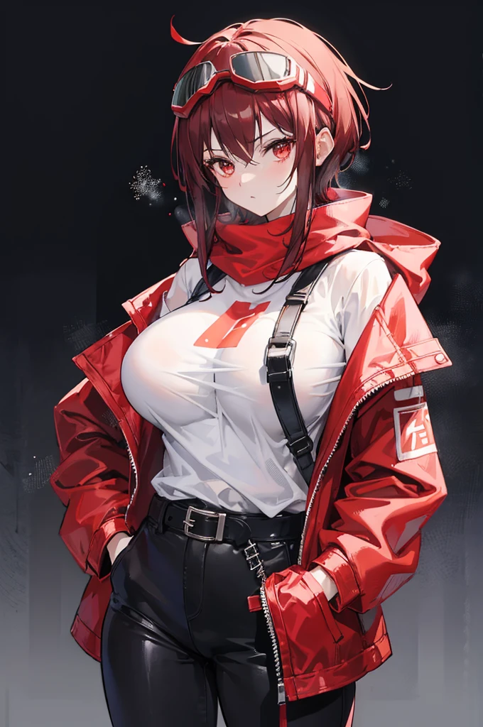 tall cute woman, massive breasts, wearing an opened red jacket with a white t-shirt and black pants, She has short dark red hair and wears a striped red and black scarf, also wearing red headphones, and a utility belt slinged across her shoulder, she is also wearing ski goggles on her head. She has a cold stern look on her face, arms and hands behind her back, Rainy dark background, masterpiece, best quality