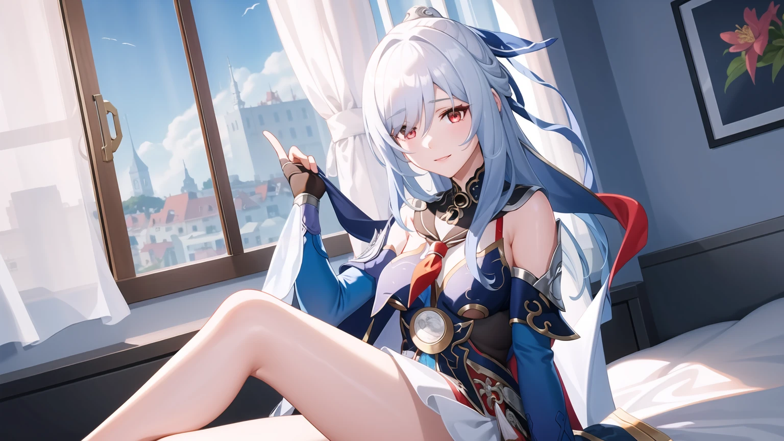 masterpiece, best quality, JingliuV5, 1girl, solo, looking at viewer, red eyes, gloves, dress, white scarf, sailor collar, white cape, sitting on bed, indoors, bedroom, windows, blue sky, warm smile, upper body.
