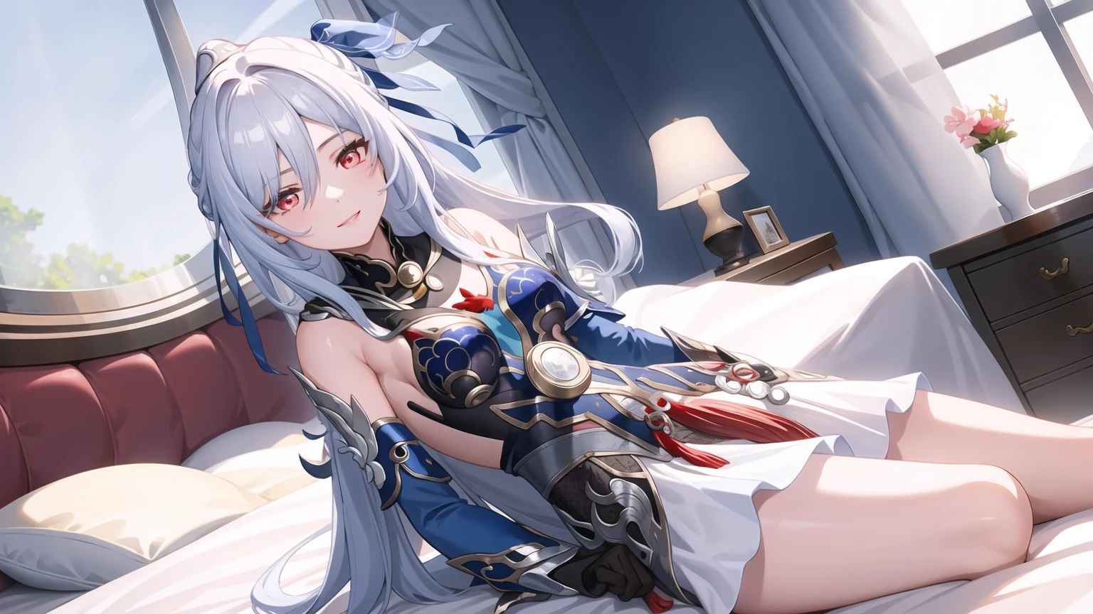 masterpiece, best quality, JingliuV5, 1girl, solo, looking at viewer, red eyes, gloves, dress, white scarf, sailor collar, white cape, sitting on bed, indoors, bedroom, windows, blue sky, warm smile, upper body.