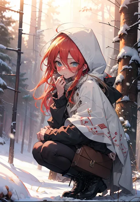 shana,灼眼のshana,long hair, redhead, red eyes,ahoge,,smile,blush,white breath,
open your mouth,snow,ground bonfire, outdoor, boots...