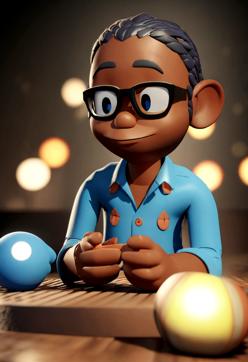 Cartoon character of a man in black glasses and blue shirt, an animated character, stylized character, animation style rendering, 3d stylized, Arnold Maya rendering, Stylized 3D rendering, toon render screenshot, 3d character, 3d character, Stylized 3D rendering, 3D character rendering, cartoon character, Personagem de close up, character posing, (Pixar-style) (master part:1.2) (bokeh) (best qualityer) (skin detailed) (detailed texture) (8K) (Argilla) (cinematic lighting) (sharp focus，Sit down and lift your upper body