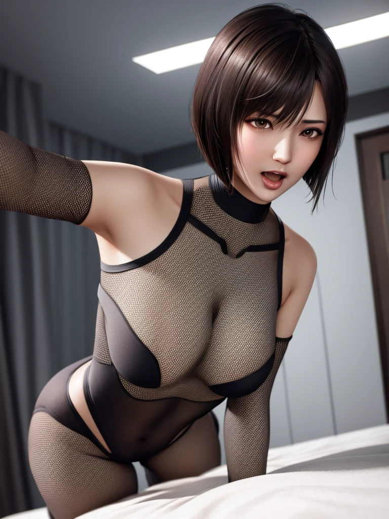 masterpiece, best quality, high quality, perfect anatomy, ultra detailed, perfect design,
BREAK,
girl, beautiful detailed face, realistic skin, shiny glossy skin,
BREAK,
brown eyes, realistic eyes, ultra detailed eyes, beautiful high light eyes, droopy eyes, eyelash, double eyelids,
BREAK,
brown hair, bob cut, short side hair, thin hair, swept bangs, shiny glossy hair,
BREAK,
painful expression, open mouth, tongue out, feeling weak, embarrassed, nose blush,
BREAK,
fishnet body tights, (((cyberpunk body suit))), ((shoulders cutout)), elaborate detailed clothes, small breasts, big areola, erection of nip-ple, wedgie, cameltoe,
BREAK,
(all fours on the bed), leaning, spread legs, (from below), looking down, (focus face),
BREAK,
luxury hotel room, pink bed, top light, warm light