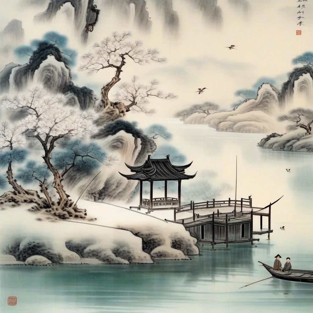 Lakeside after snow,Ancient City,Two people fishing,Chinese Ink Painting,On mulberry paper { theme }, Light and cute, Soft and sophisticated, Elegant and meticulous style
,masterpiece, best quality,