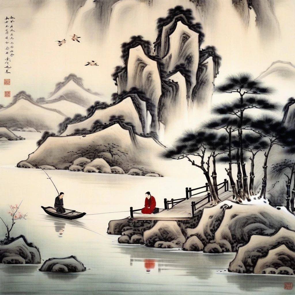 Lakeside after snow,Ancient City,Two people fishing,Chinese Ink Painting,On mulberry paper { theme }, Light and cute, Soft and sophisticated, Elegant and meticulous style
,masterpiece, best quality,