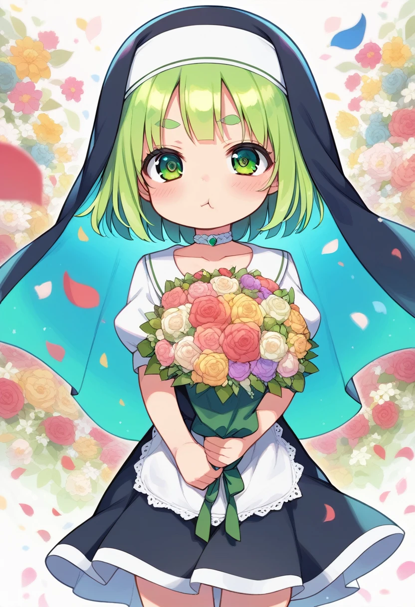 score_9, ,score_7_up, score_6_up, 1girl, source_cartoon, source_anime,breathtalking Scenery,watercolor,smooth soft skin, natural skin,mjm
BREAK
(loli:1.4),(little female child:1.4), small breast,cute face, (loli toddler:1.1), 6 yo,kawaii, (highlight on eyes), (jiggly:0.8), shiny skin,beautiful eyes, detailed eyes, puffy eyes,
BREAK
(medium green hair:1.3),(green maro eyebrows:1.6),pouty and slightly grumpy,(pout:1.2), ::(, (jitome),(frown:0.6),white streaked hair, green eyes,
BREAK
(zigzag pattern nun dress), (pastel veil:1.2),choker,nun,excessive detailed collarbone,
flowerbackground,flowergarden,flower bouquet, (digits behind bouquet:1.3), (hands behind bouquet:1.3),falling petals,
(holding bouquet:1.1), celebration, Congratulations,confetti, bloom effect,dynamicangle,pastelcolor,upturned eyes,