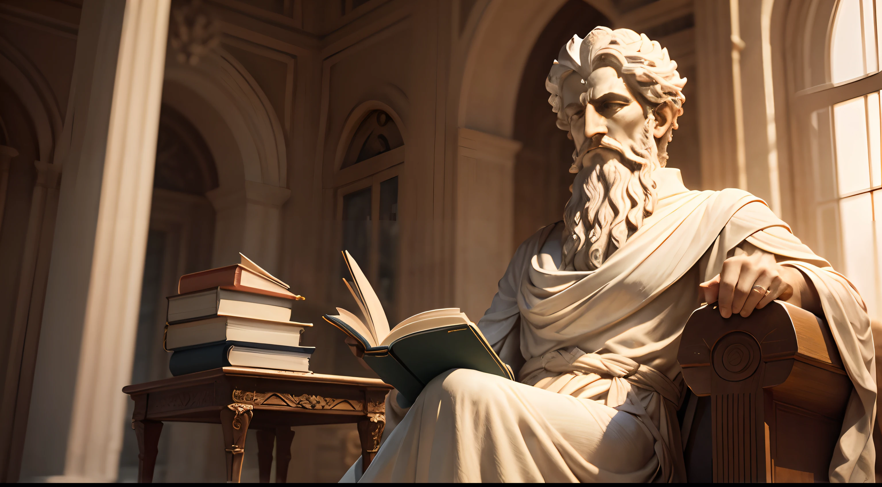 Stoic and highly detailed sculpture of the philosopher Epictetus seated on a stone chair, Position d&#39;authority/teach Hold an open book titled "The manual of