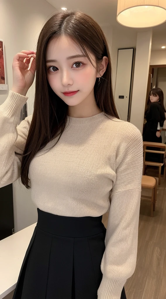 Tabletop, Highest quality, shape, Very detailed, finely, High resolution, 8k wallpaper, 完璧なダイナミックな構shape, Beautiful and detailed, Straight hair, Small breasts, Natural color lip, smile,20-year-old girl、Midnight、Beautiful and dense face、Perfect and beautiful face,Big eyes、RAW Photos、Expressing feminine poses with the whole body、Beautiful and detailed、Small face、Beautiful Duplex、Slim face and figure,Beautiful golden ratio face、Long sleeve blouse、flare skirt