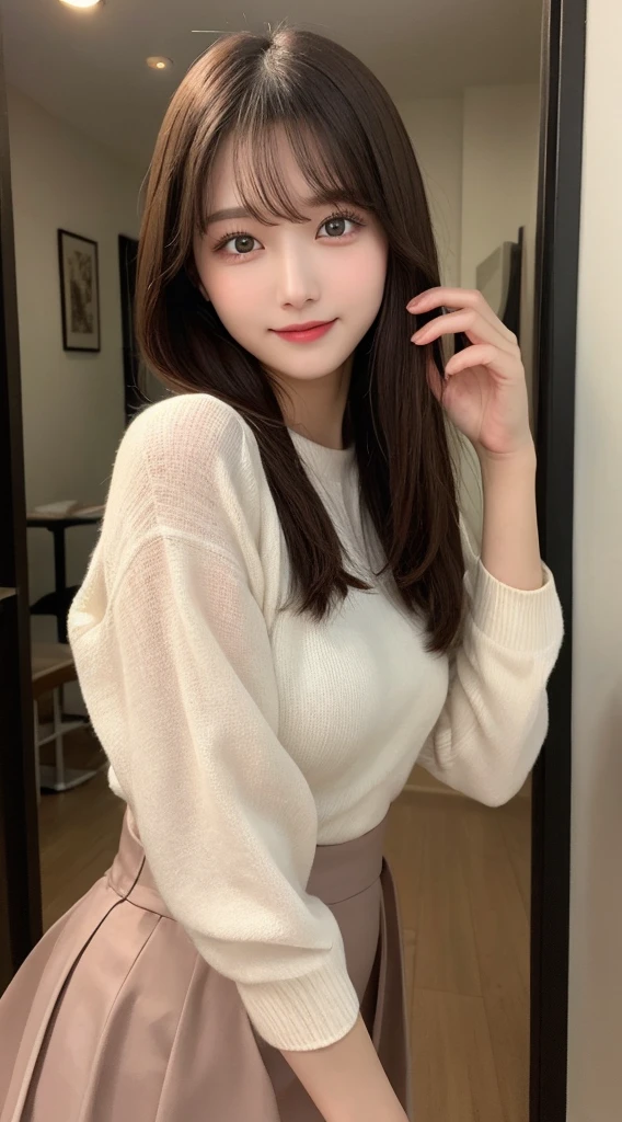 Tabletop, Highest quality, shape, Very detailed, finely, High resolution, 8k wallpaper, 完璧なダイナミックな構shape, Beautiful and detailed, Straight hair, Small breasts, Natural color lip, smile,20-year-old girl、Midnight、Beautiful and dense face、Perfect and beautiful face,Big eyes、RAW Photos、Expressing feminine poses with the whole body、Beautiful and detailed、Small face、Beautiful Duplex、Slim face and figure,Beautiful golden ratio face、Long sleeve blouse、flare skirt