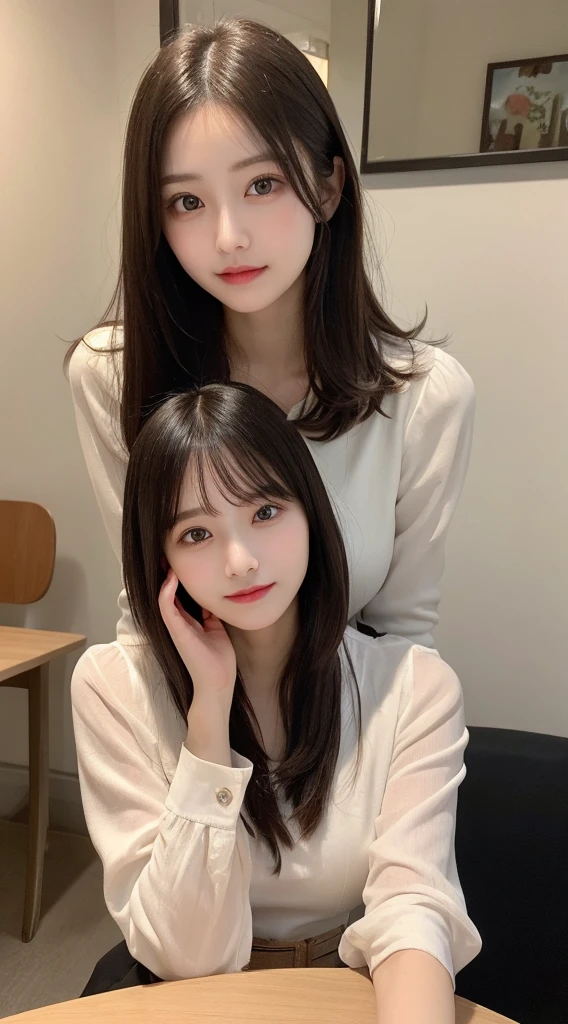 Tabletop, Highest quality, shape, Very detailed, finely, High resolution, 8k wallpaper, 完璧なダイナミックな構shape, Beautiful and detailed, Straight hair, Small breasts, Natural color lip, smile,20-year-old girl、Midnight、Beautiful and dense face、Perfect and beautiful face,Big eyes、RAW Photos、Expressing feminine poses with the whole body、Beautiful and detailed、Small face、Beautiful Duplex、Slim face and figure,Beautiful golden ratio face、Long sleeve blouse、flare skirt