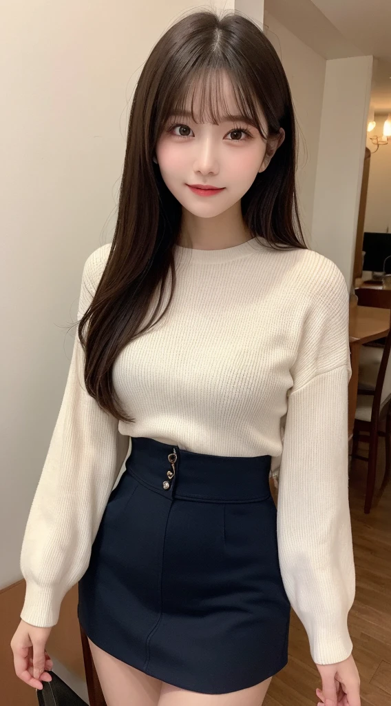 Tabletop, Highest quality, shape, Very detailed, finely, High resolution, 8k wallpaper, 完璧なダイナミックな構shape, Beautiful and detailed, Straight hair, Small breasts, Natural color lip, smile,20-year-old girl、Midnight、Beautiful and dense face、Perfect and beautiful face,Big eyes、RAW Photos、Expressing feminine poses with the whole body、Beautiful and detailed、Small face、Beautiful Duplex、Slim face and figure,Beautiful golden ratio face、Long sleeve blouse、flare skirt