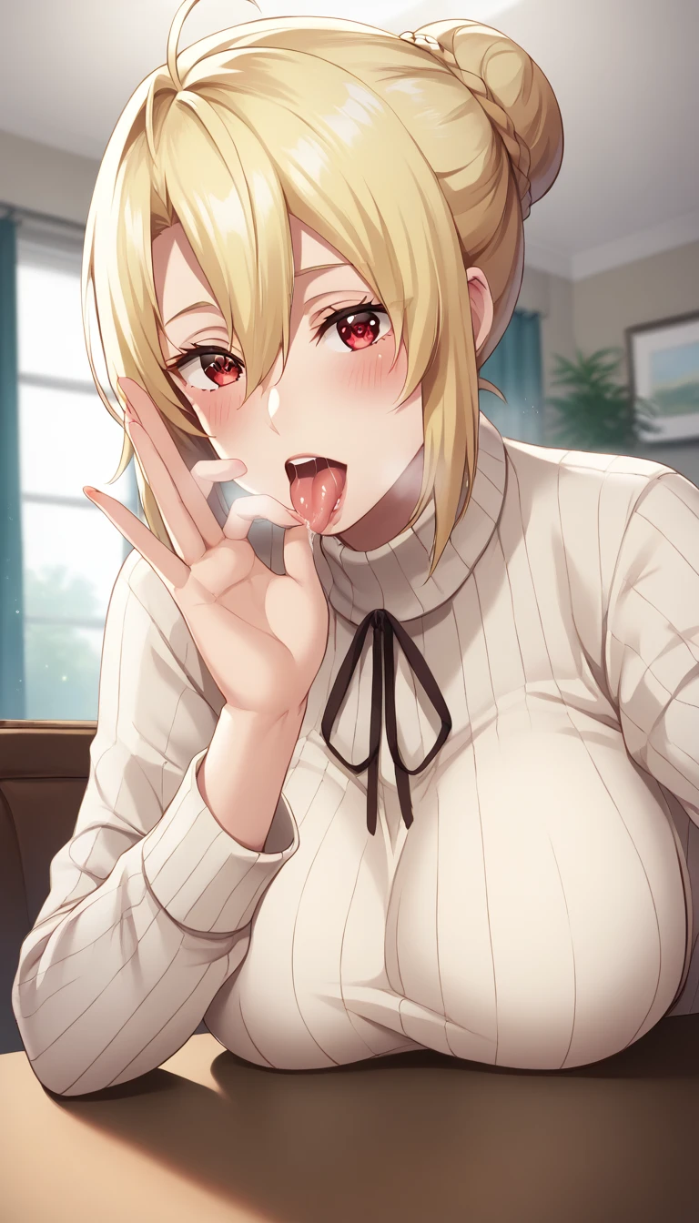 score_9, score_8_up, score_7_up, score_6_up, uncensored, angelica, blonde hair, braid, single hair bun, red eyes, BREAK (masterpiece:1.2), best quality, high resolution, (detailed eyes:1.3), perfect lighting, (perfect hands, perfect anatomy), large , sitting, indoors, chin rest, from below, casual, ribbed sweater, table, fellatie, tongue out, saliva, gasping, heavy breathing, blush face