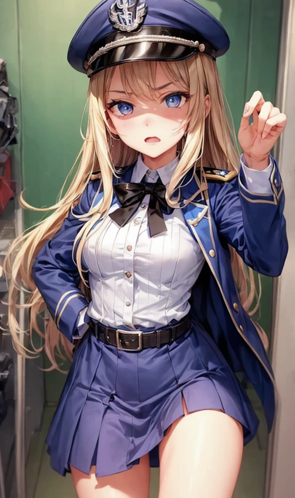 1 girl, sfw, beautiful girl, high quality, 18 years old, dictator, dictator hat, arrogant behave, arrogant, frustrated, outside, public, nazis, angry, (a girl is looking down the viewer), low angle, from below, (a girl disgusting the videwer), narrow eyed