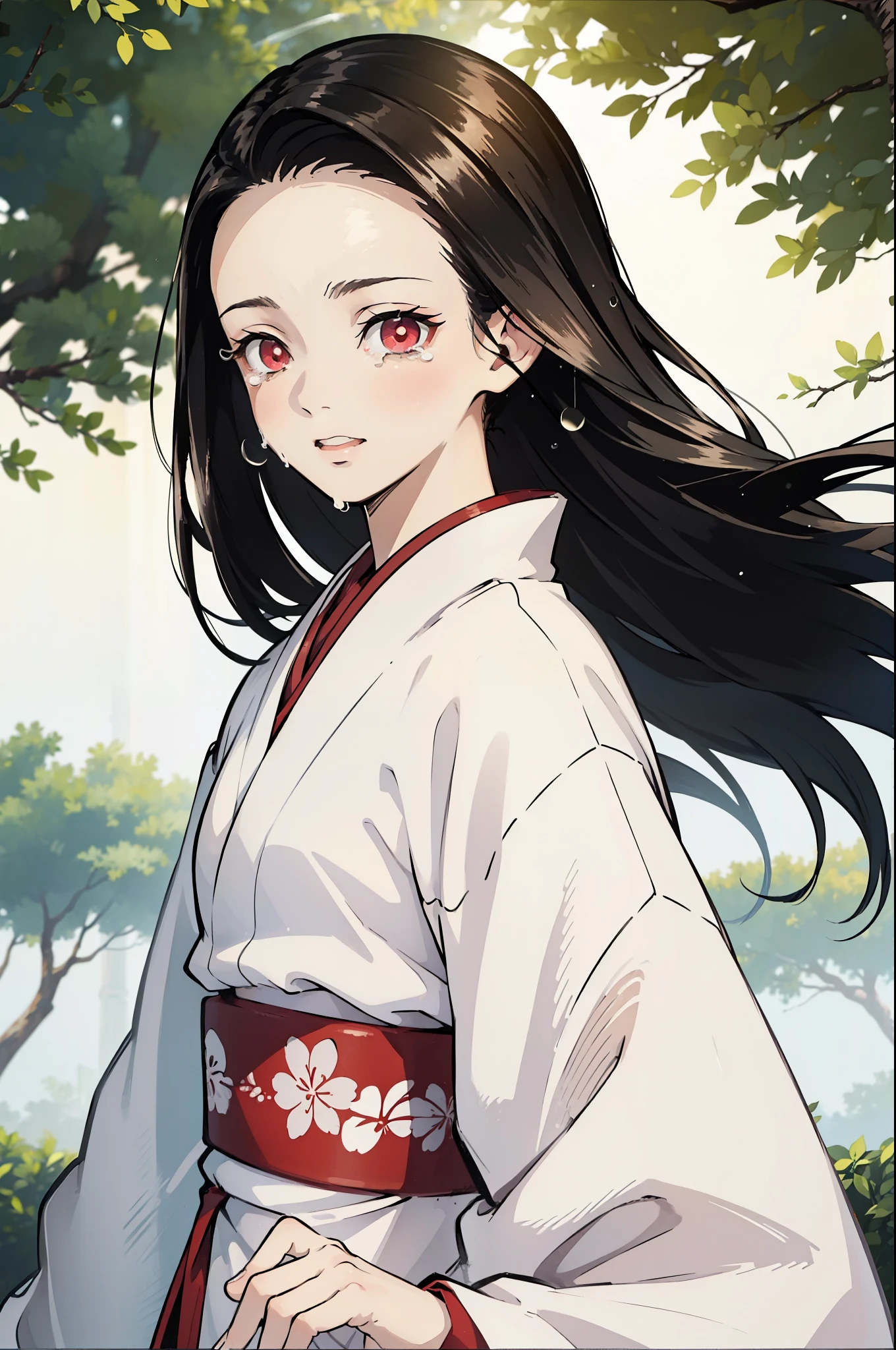 (masterpiece, best quality:1.2), kimetsu no yaiba style, kiyomi, (1girl, solo), 18years old, upper body, (front view, looking at viewer:1.1), simple white kimono, black long hair, (wind blowing hair:1.2), forehead, red eyes, BREAK (happy tears, crying and laughing:1.2), (forest background, depth of field, sunlight filtering through the trees, sun glare, light particles)